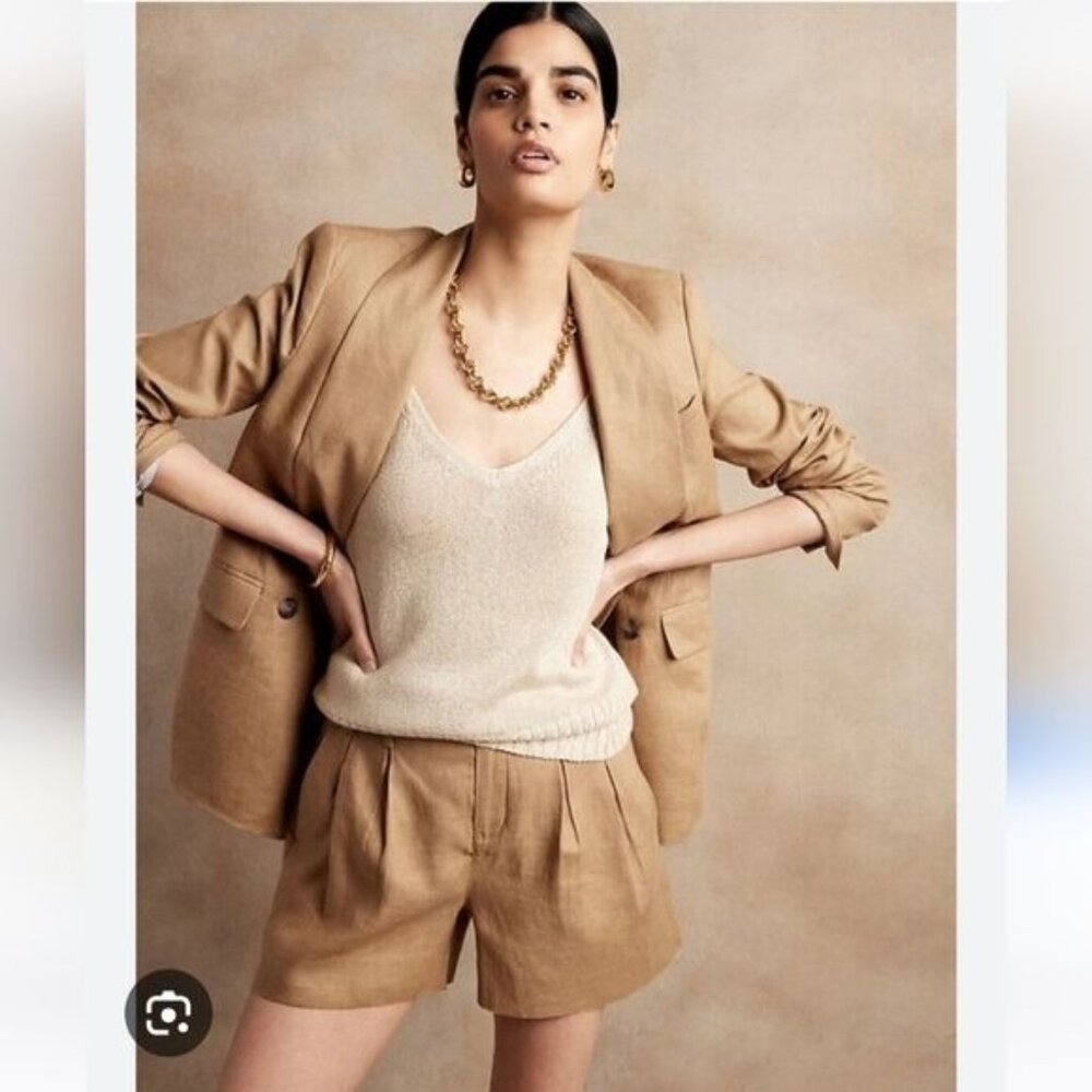 Banana Republic Women Linen Blazer Jacket Sz 4 Iced Latte Beige Double Breasted